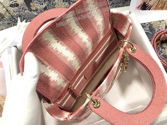 Dior女包 迪奧Lady D-Lite五格刺繡條紋粉色戴妃包 Dior手提肩背斜挎包  dfk1837